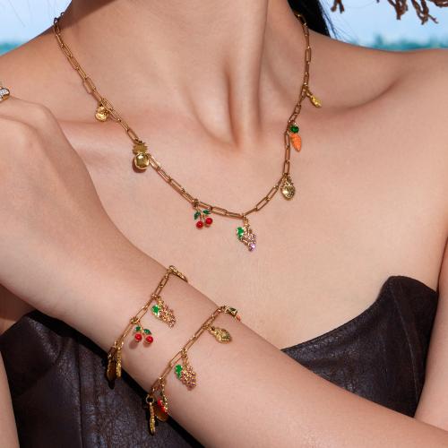 Cubic Zirconia Micro Pave Ensembles de bijoux en acier inoxydable, Acier inoxydable 304, Bracelet & collier, Placage de couleur d'or, bijoux de mode & pavé de micro zircon & émail, plus de couleurs à choisir, Vendu par PC