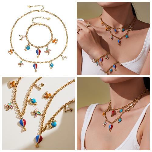 Cubic Zirconia Micro Pave Ensembles de bijoux en acier inoxydable, Acier inoxydable 304, Bracelet & collier, Placage de couleur d'or, bijoux de mode & pavé de micro zircon & émail, plus de couleurs à choisir, Vendu par PC