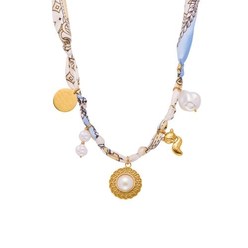 Bijoux Collier de mode , Acier inoxydable 304, avec soie & oeil de tigre & perle de plastique, Placage de couleur d'or, bijoux de mode & pavé de micro zircon & émail, plus de couleurs à choisir, Vendu par PC