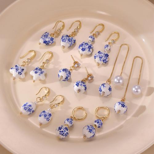 Boucle d'oreille de bijoux en porcelaine, Acier inoxydable 304, avec porcelaine, Placage, bijoux de mode & styles différents pour le choix & pour femme, doré, Vendu par paire