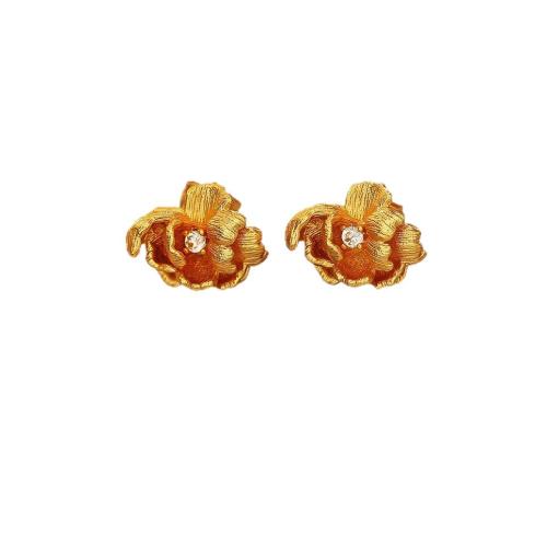 Boucles d'oreilles en laiton zircon cubique pavent, fleur, Plaqué d'or, bijoux de mode & pavé de micro zircon & pour femme, Vendu par paire
