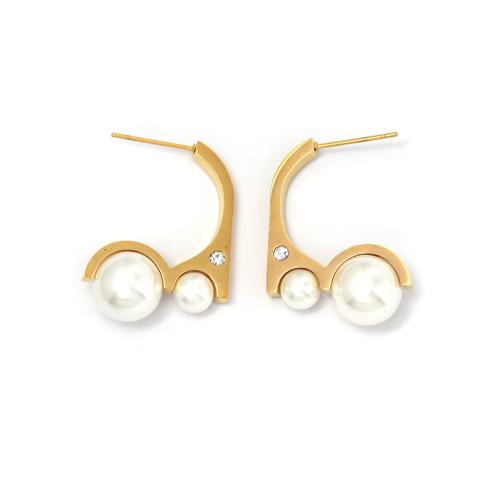clou d'oreille en acier inoxydable avec stras, Acier inoxydable 304, avec perle de plastique, Placage de couleur d'or, bijoux de mode & pour femme & avec strass, Vendu par PC