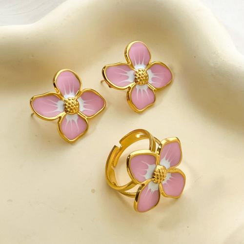 Conjuntos de joyería de acero inoxidable de esmalte, acero inoxidable 304, Pendiente de stud & anillo de dedo, Flor, chapado en oro real, diferentes estilos para la opción & para mujer, Vendido por Set
