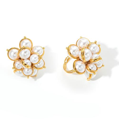 Bague en acier inoxydable, Acier inoxydable 304, avec perle de plastique, Placage, bijoux de mode & pour femme, doré Vendu par PC