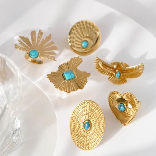 Gemstone Stainless Steel Finger Ring, 304 Stainless Steel, with turquoise, plated, fashion jewelry & for woman, golden 