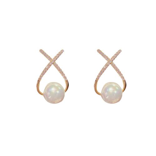 Boucles d'oreilles en laiton zircon cubique pavent, avec perle de plastique, Plaqué d'or, bijoux de mode & pavé de micro zircon & pour femme Vendu par paire