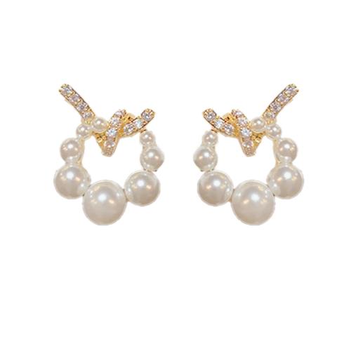 Boucles d'oreilles en laiton zircon cubique pavent, avec perle de plastique, Plaqué d'or 14K, pavé de micro zircon & pour femme & creux Vendu par paire