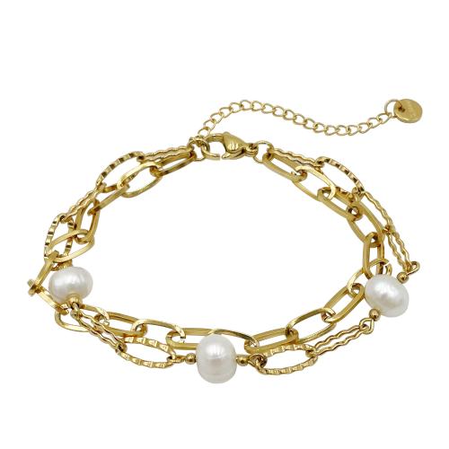 Cultured Freshwater Pearl Bracelets, 304 Stainless Steel, with Freshwater Pearl, 14K gold plated, Double Layer & fashion jewelry & for woman 