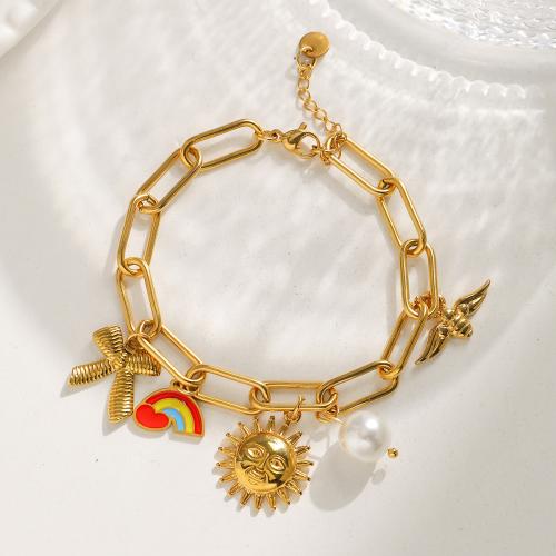 Acero inoxidable Pulsera con dijes, acero inoxidable 304, con Perlas plásticas, chapado, diferentes estilos para la opción & para mujer & esmalte, dorado, Vendido por UD