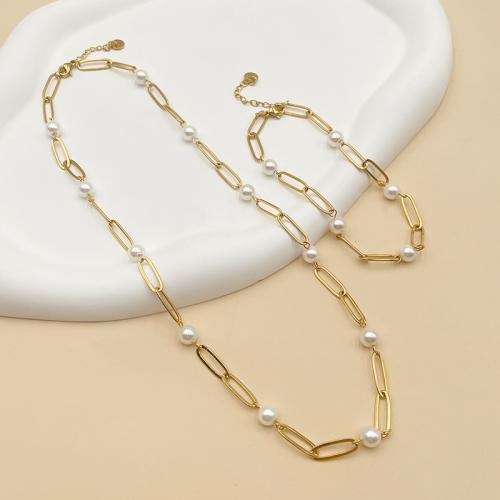 Parures de bijoux en acier inoxydable, Acier inoxydable 304, avec perle de plastique, Placage, styles différents pour le choix & pour femme & creux, doré, Vendu par PC