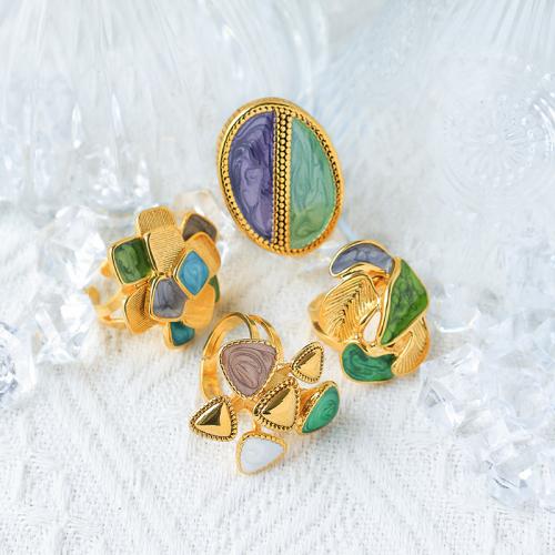 Émail Bague en Acier inoxydable , Acier inoxydable 304, Placage de couleur d'or, styles différents pour le choix & pour femme & émail, multicolore, Vendu par PC