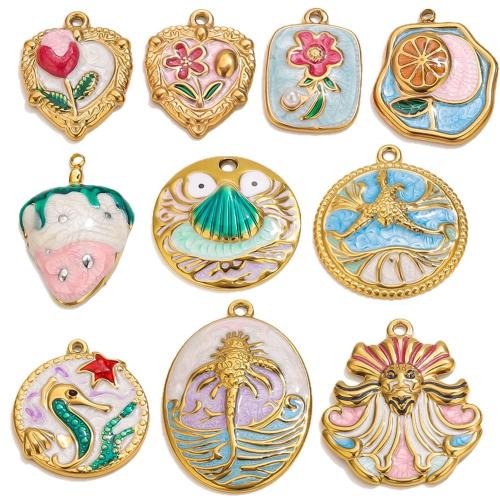 Emaille Edelstahl Anhänger, 304 Edelstahl, goldfarben plattiert, DIY & verschiedene Stile für Wahl, 3PCs/Tasche, verkauft von Tasche