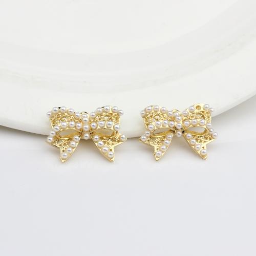 Zinc Alloy Bowkont Pendants, with Plastic Pearl, Bowknot, gold color plated, DIY 