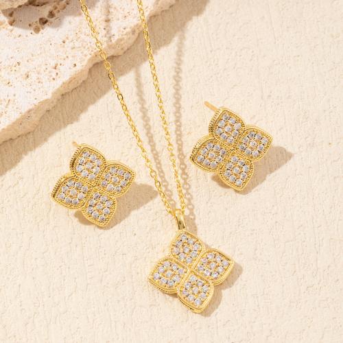 Micro cúbicos Circonia allanar sistemas de la joyería de cobre amarillo, metal, Trébol de cuatro hojas, chapado en oro de 14 K, micro arcilla de zirconia cúbica & para mujer, Vendido por Set