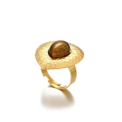 Gemstone Stainless Steel Finger Ring, 304 Stainless Steel, with Tiger Eye, Teardrop, plated, fashion jewelry & for woman, golden 