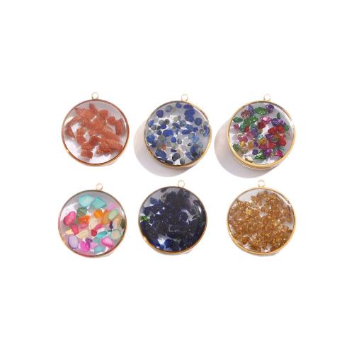 Gemstone Jewelry Pendant, 304 Stainless Steel, with Natural Gravel, Round, plated, DIY & epoxy gel 
