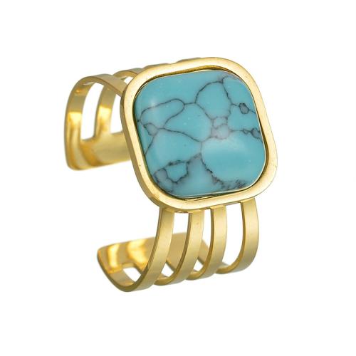 Bague en acier inoxydable, Acier inoxydable 304, avec turquoise synthétique, Placage, bijoux de mode & pour femme & creux, doré, Vendu par PC