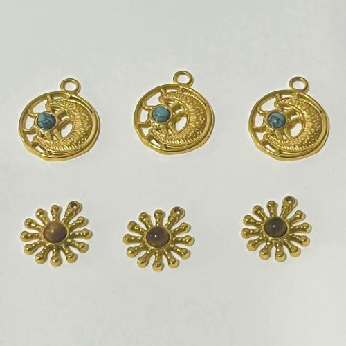 Gemstone Jewelry Pendant, 304 Stainless Steel, with Tiger Eye & Synthetic Turquoise, gold color plated, DIY 