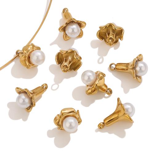 Stainless Steel Flower Pendant, 304 Stainless Steel, with Plastic Pearl, plated, DIY golden 
