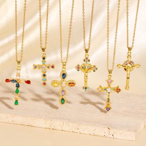 キュービックジルコンマイクロパヴェブラスネックレス, 銅, クロス, メッキ, 異なるスタイルを選択 & マイクロパヴェジルコニア & 女性用, 金色, 売り手 パソコン