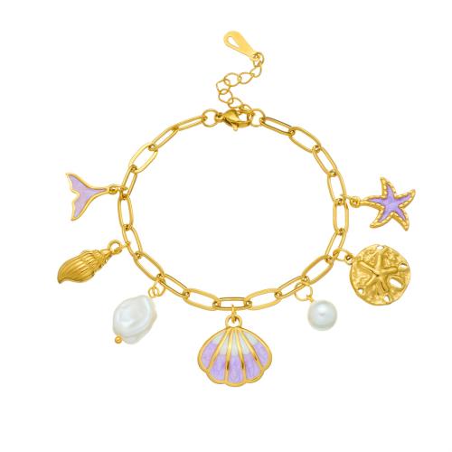 Acero inoxidable Pulsera con dijes, acero inoxidable 304, con Nácar & Perlas plásticas, chapado, Joyería & para mujer & esmalte, dorado, Vendido por UD