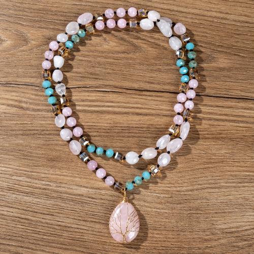 Quartz Necklace, Rose Quartz, with brass wire & Crystal Pearl, fashion jewelry & for woman 