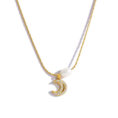 Природное пресноводное жемчужное ожерелье, Нержавеющая сталь 304, с Пресноводные жемчуги, 18K позолоченный, разные стили для выбора & Женский & со стразами, продается PC