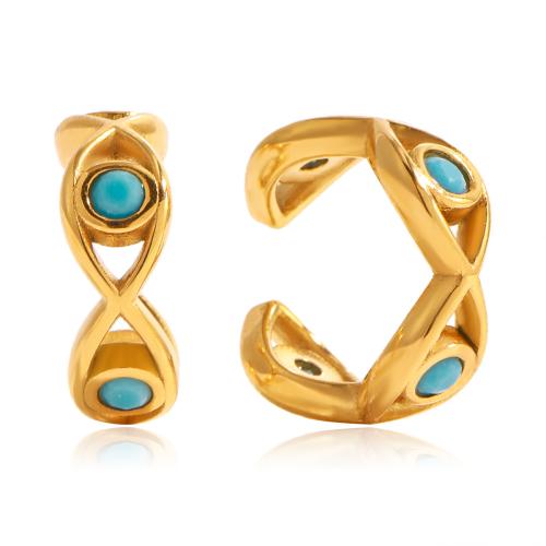 boucle d'oreille de clip en inox, Acier inoxydable 304, avec turquoise, Plaqué or 18K, bijoux de mode & pour femme & creux, Vendu par paire
