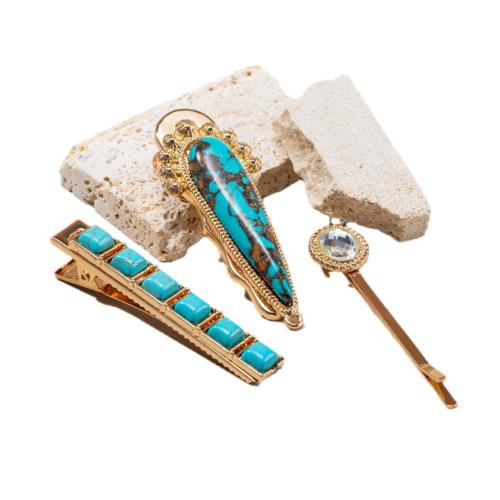 Hair Slide, Zinc Alloy, with Natural Turquoise, plated, fashion jewelry, mixed colors 