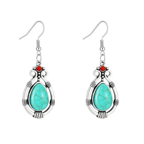 Zinc Alloy Drop Earring, with Synthetic Turquoise, Teardrop, plated, fashion jewelry & for woman & hollow, silver color 