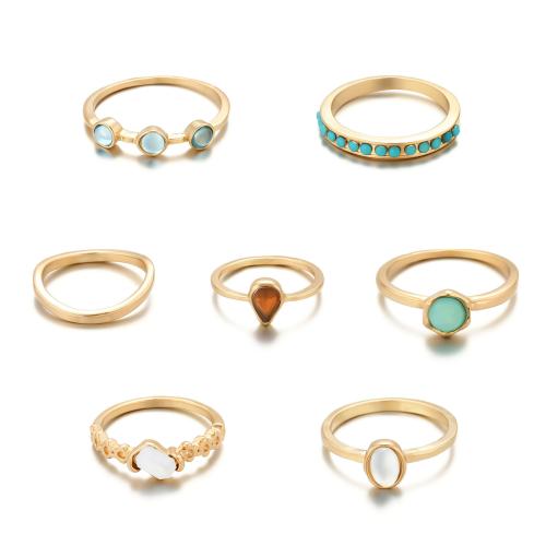 Zinc Alloy Ring Set, plated, 7 pieces & for woman & with rhinestone, golden 