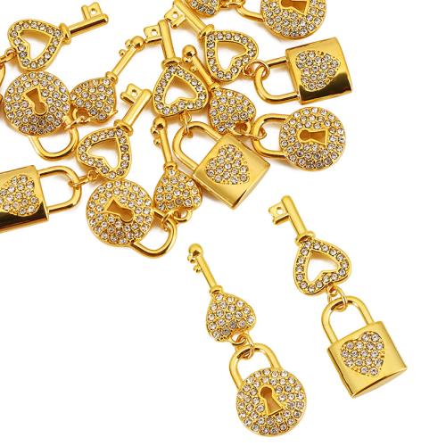 Pendentifs en acier inoxydable strass, Acier inoxydable 304, Blocage et clé, Placage, DIY & avec strass, doré Vendu par sac