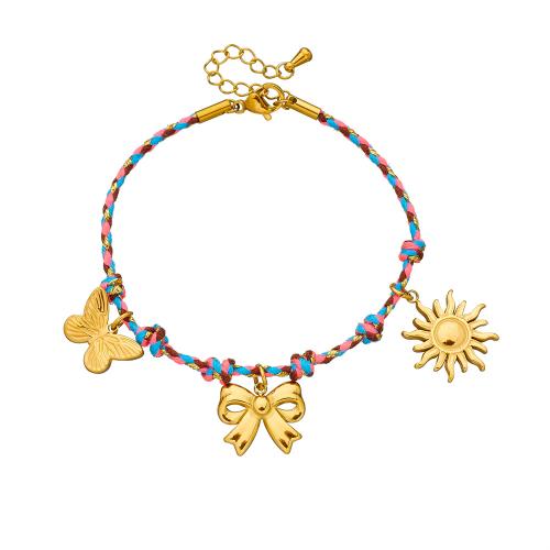 Acero inoxidable Pulsera con dijes, acero inoxidable 304, con Hilo de algodón, chapado en color dorado, Joyería & hecho a mano & para mujer, Vendido por UD