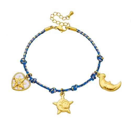 Acero inoxidable Pulsera con dijes, acero inoxidable 304, con Hilo de algodón, chapado, para mujer & esmalte & con diamantes de imitación, dorado, Vendido por UD