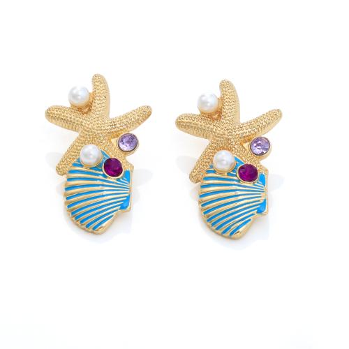 Zinklegierung Ohrstecker, mit Kunststoff Perlen, Seestern, plattiert, Modeschmuck & für Frau & Emaille & mit Strass, keine, 30x44mm, verkauft von Paar