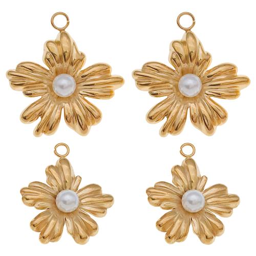 Stainless Steel Flower Pendant, 304 Stainless Steel, with Plastic Pearl, gold color plated, DIY 