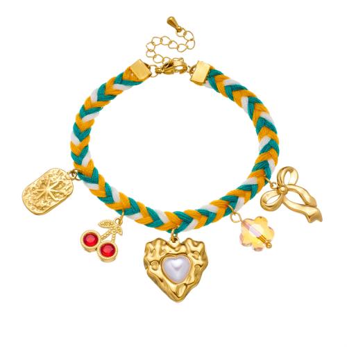 Acero inoxidable Pulsera con dijes, acero inoxidable 304, con Hilo de algodón & Porcelana, chapado en color dorado, hecho a mano & diferentes estilos para la opción & para mujer, Vendido por UD