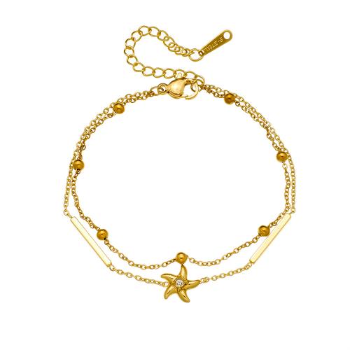 Bracelets en acier inoxydable, Acier inoxydable 304, Placage de couleur d'or, Double couche & pour femme & avec strass, Vendu par PC