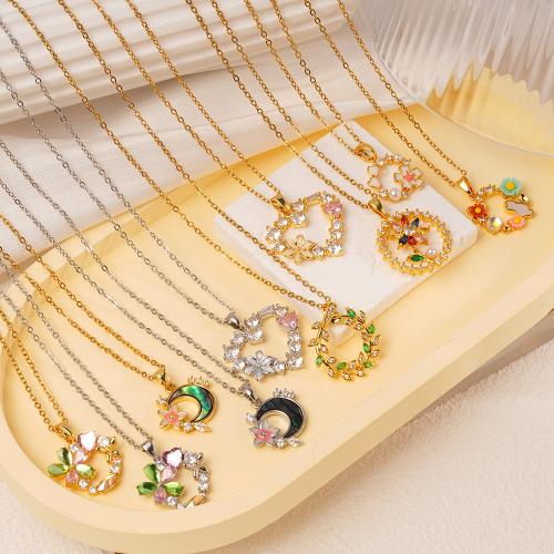 キュービックジルコンマイクロパヴェブラスネックレス, 銅, とともに 304ステンレス鋼チェーン, メッキ, 異なるスタイルを選択 & マイクロパヴェジルコニア & 女性用 & エナメル, 無色, 売り手 パソコン