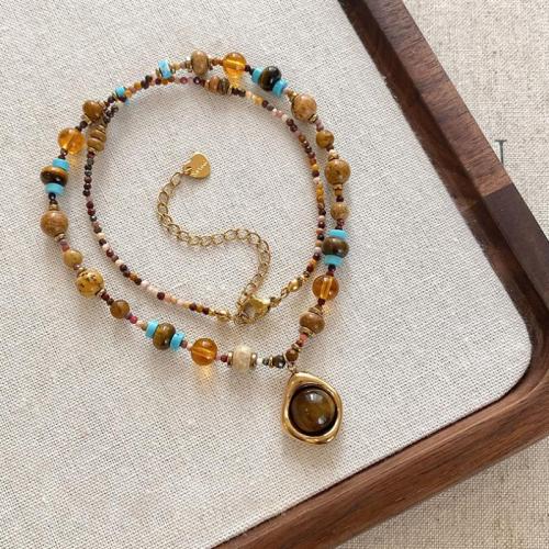 Collier de bijoux de titane, Acier titane, avec oeil de tigre & chalumeau, avec 5cm chaînes de rallonge, fait à la main, bijoux de mode & pour femme, couleur de café cm, Vendu par PC