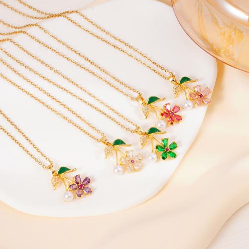 キュービックジルコンマイクロパヴェブラスネックレス, 銅, とともに 304ステンレス鋼チェーン & プラスチック製パール, ゴールドメッキ, マイクロパヴェジルコニア & 女性用 & エナメル, 無色, 売り手 パソコン