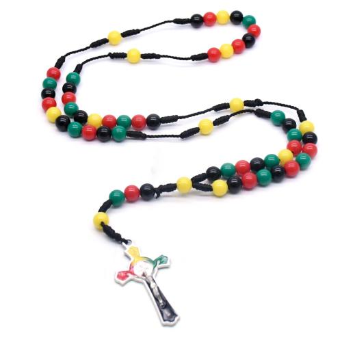 Rosary Necklace, alliage de zinc, avec corde de cire & plastique, croix, Placage de couleur argentée, bijoux de mode, couleurs mélangées, 8mm cm, Vendu par PC