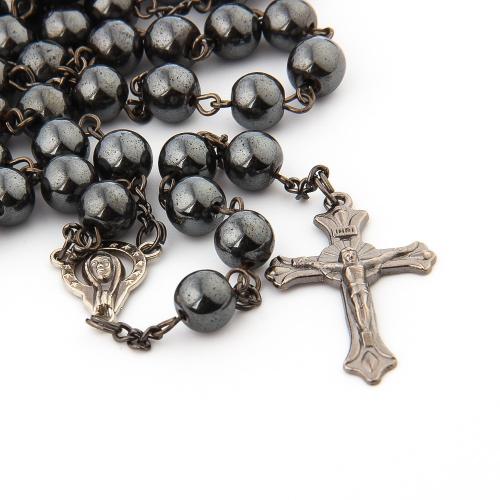 Rosary Necklace, alliage de zinc, avec hématite non magnétique, croix, Placage, bijoux de mode, couleurs mélangées, 8mm cm, Vendu par PC