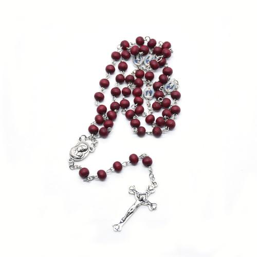 Rosary Necklace, alliage de zinc, avec bois, croix, Placage, bijoux de mode, couleurs mélangées, 6mm cm, Vendu par PC