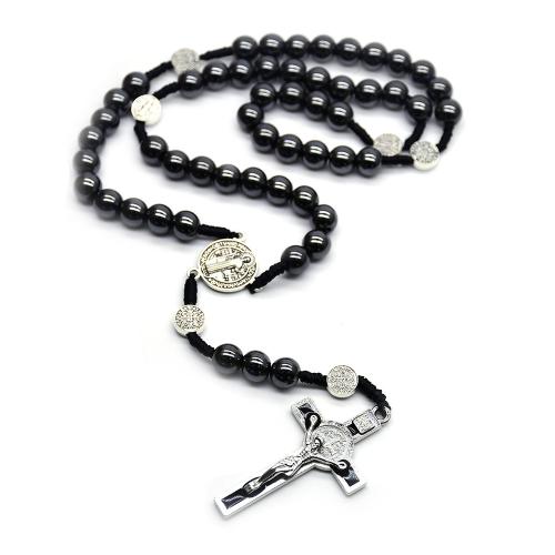 Rosary Necklace, alliage de zinc, avec hématite non magnétique, croix, Placage, bijoux de mode, couleurs mélangées, 8mm cm, Vendu par PC