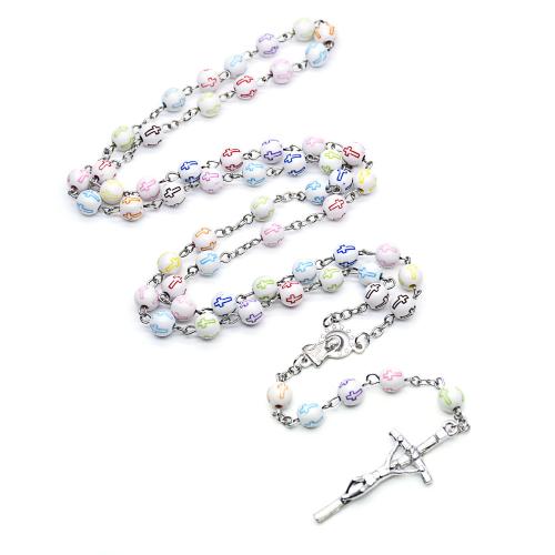 Rosary Necklace, alliage de zinc, avec plastique, croix, Placage, bijoux de mode, couleurs mélangées, 8mm .5 cm, Vendu par PC
