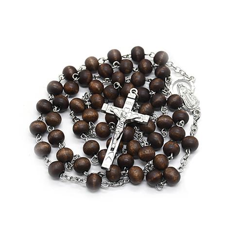Rosary Necklace, alliage de zinc, avec bois, croix, Placage, bijoux de mode, couleurs mélangées, 8mm cm, Vendu par PC