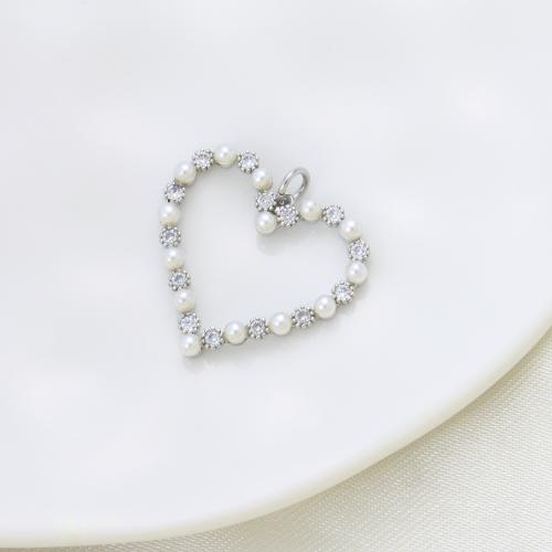 Cubique Pendentif en laiton zircon pavent, avec perle de plastique, coeur, Placage, DIY & pavé de micro zircon & creux, argent Vendu par PC