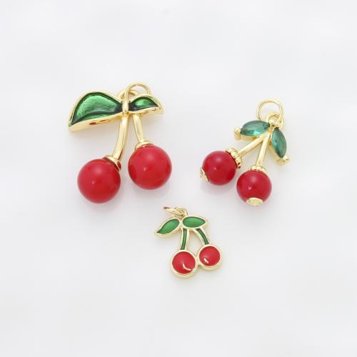 Enamel Brass Pendants, Cherry, plated, DIY & micro pave cubic zirconia 