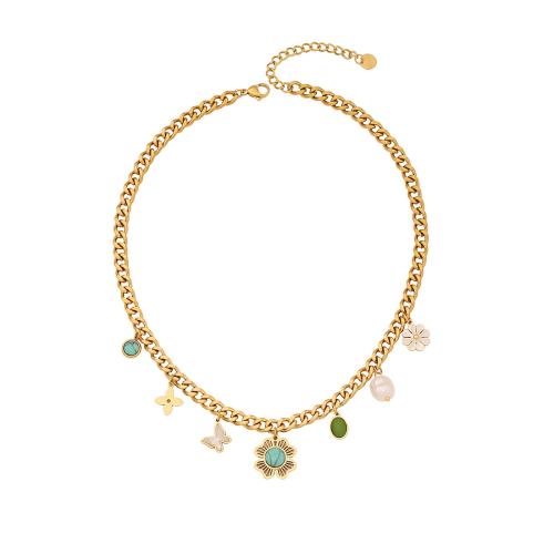 ステンレス鋼のジュエリーネックレス, 304ステンレススチール, とともに ターコイズ & 白い貝 & プラスチック製パール, メッキ, 異なるスタイルを選択 & 女性用 & エナメル, 金色, 売り手 パソコン